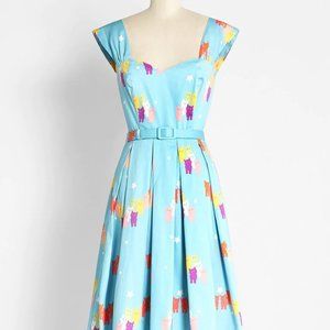 NWT Modcloth Collectif Cosmically Colorful Cats Blue Belted Swing Dress Size 10